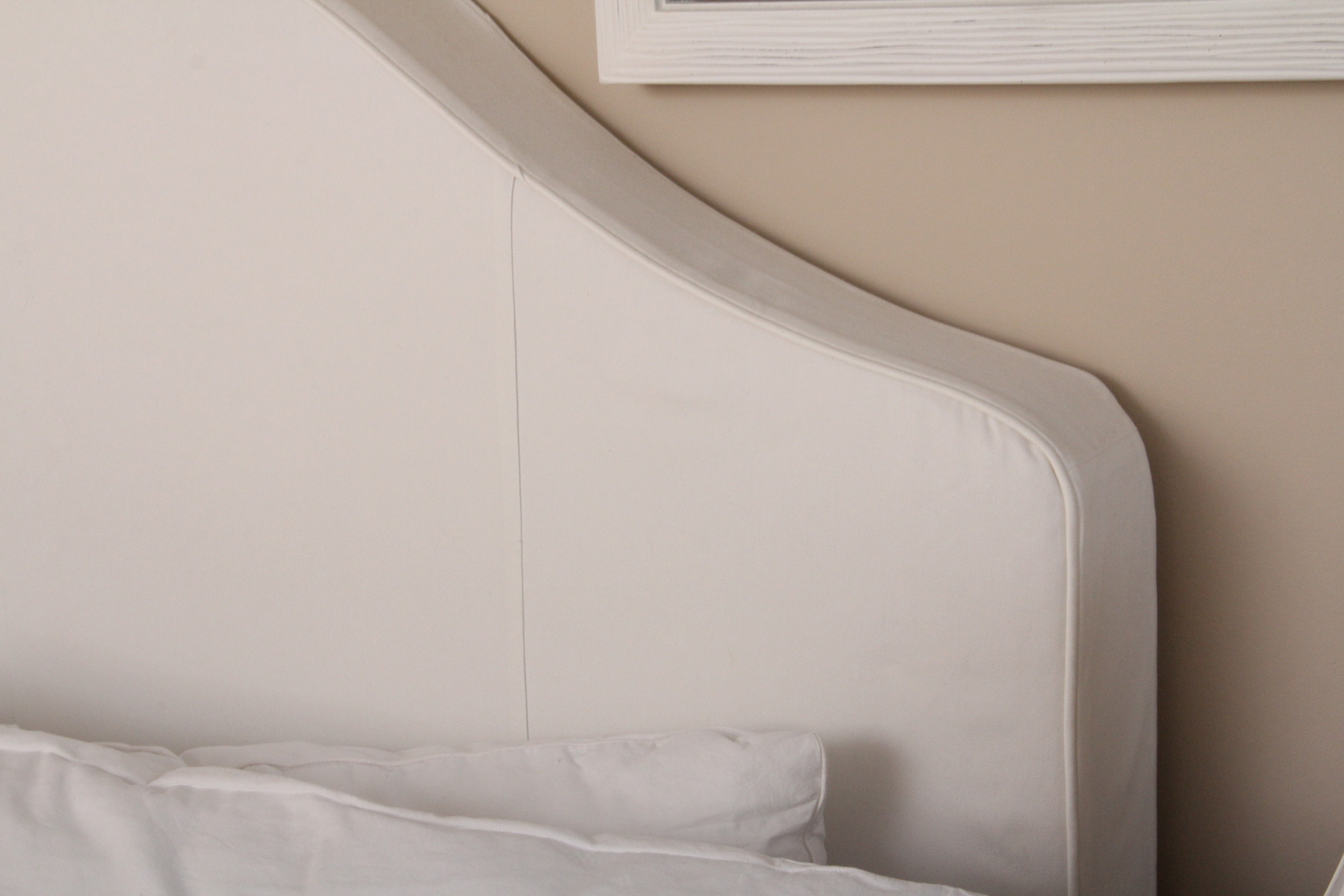 Linen Upholstered Queen Headboard, Hollywood Frame and Bedding