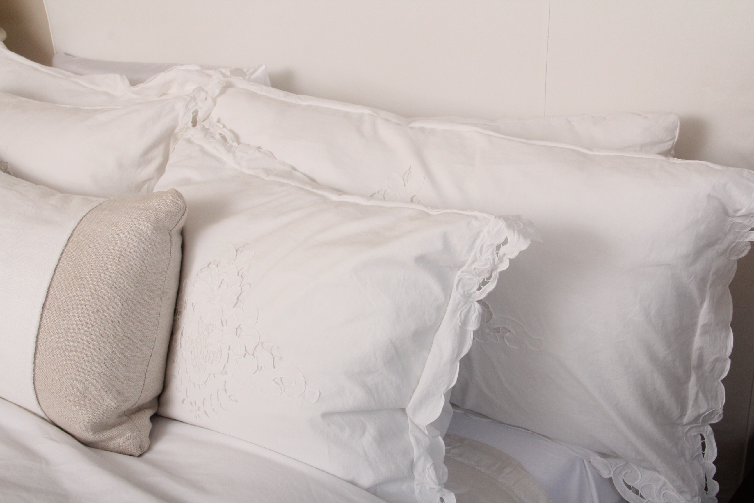 Linen Upholstered Queen Headboard, Hollywood Frame and Bedding