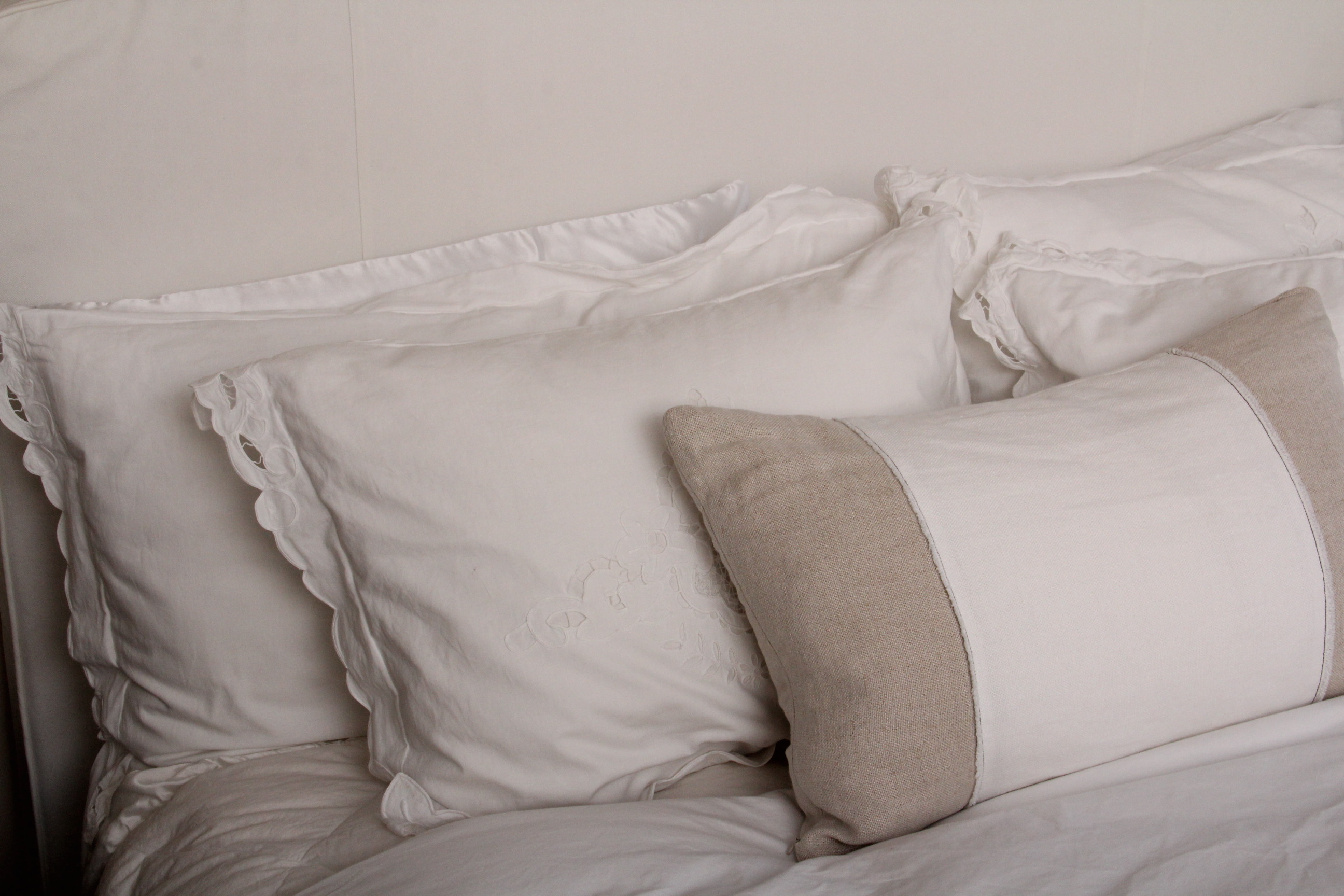 Linen Upholstered Queen Headboard, Hollywood Frame and Bedding