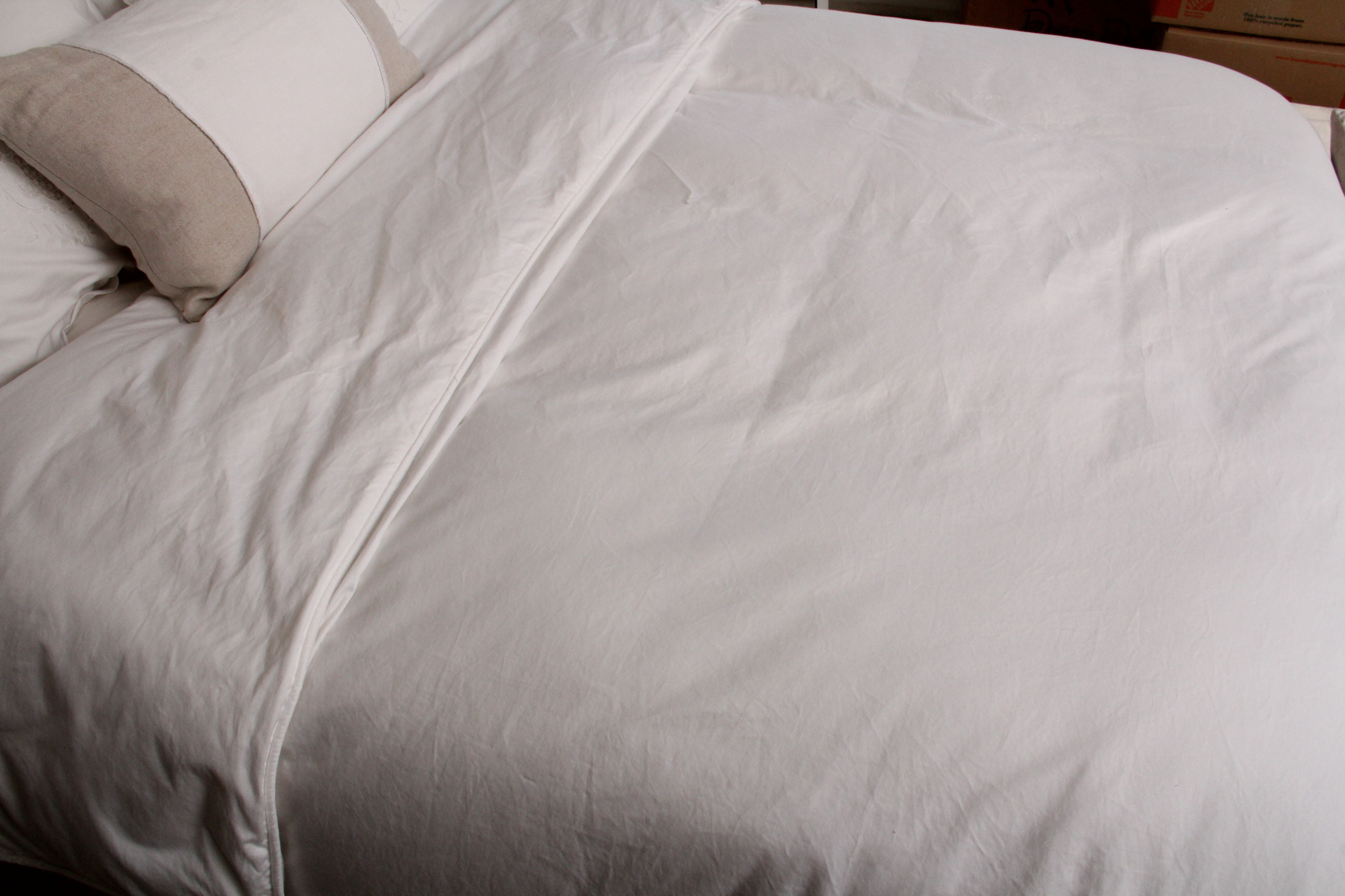 Linen Upholstered Queen Headboard, Hollywood Frame and Bedding