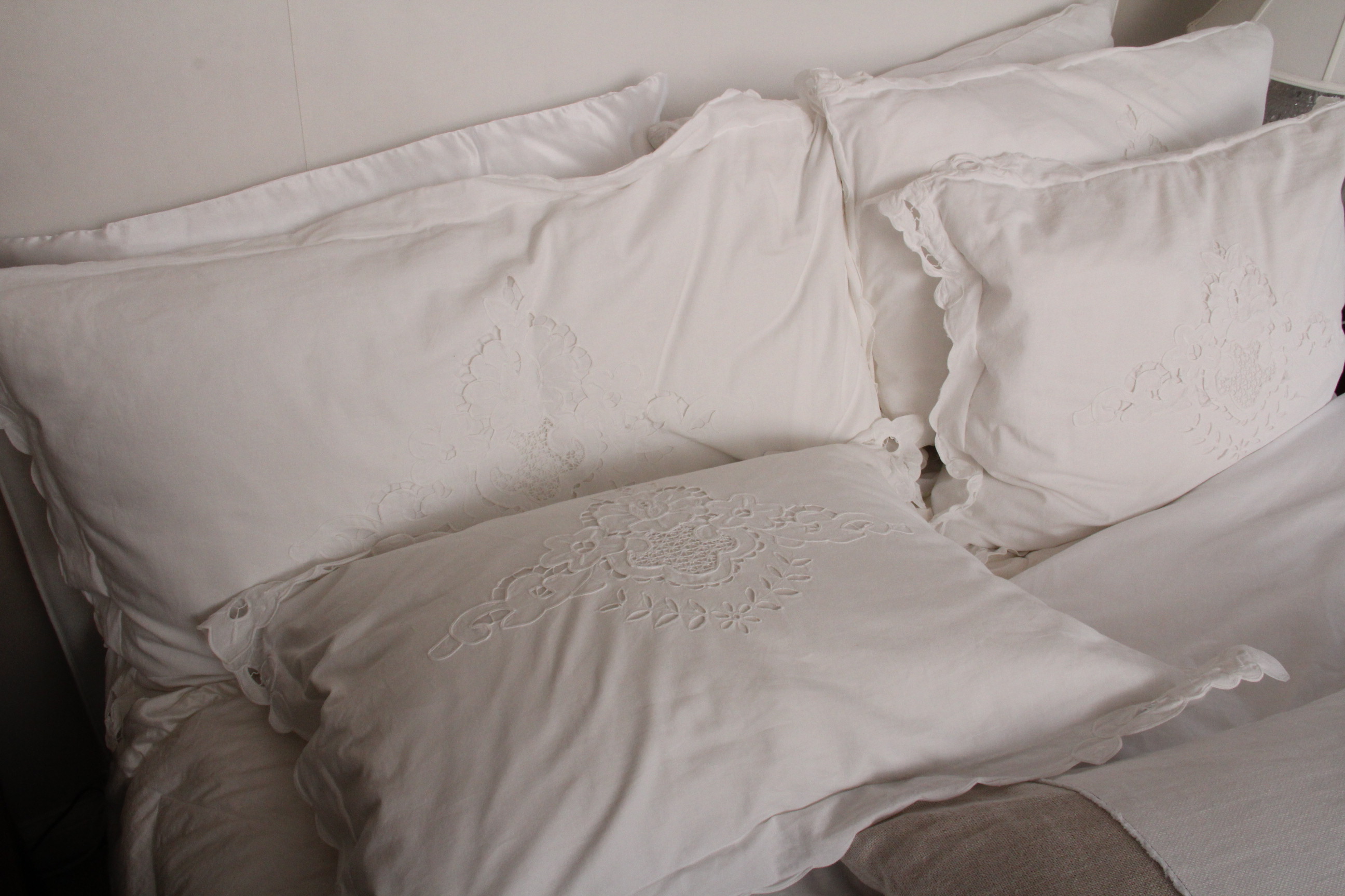 Linen Upholstered Queen Headboard, Hollywood Frame and Bedding