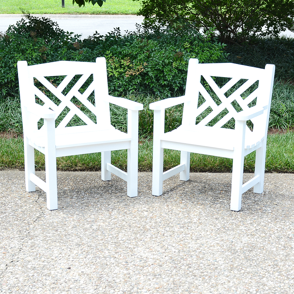 White Wooden Lattice Back Armchairs