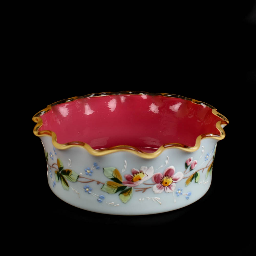Hand Painted Opaque Milk Glass Dish with Ruffle Edge