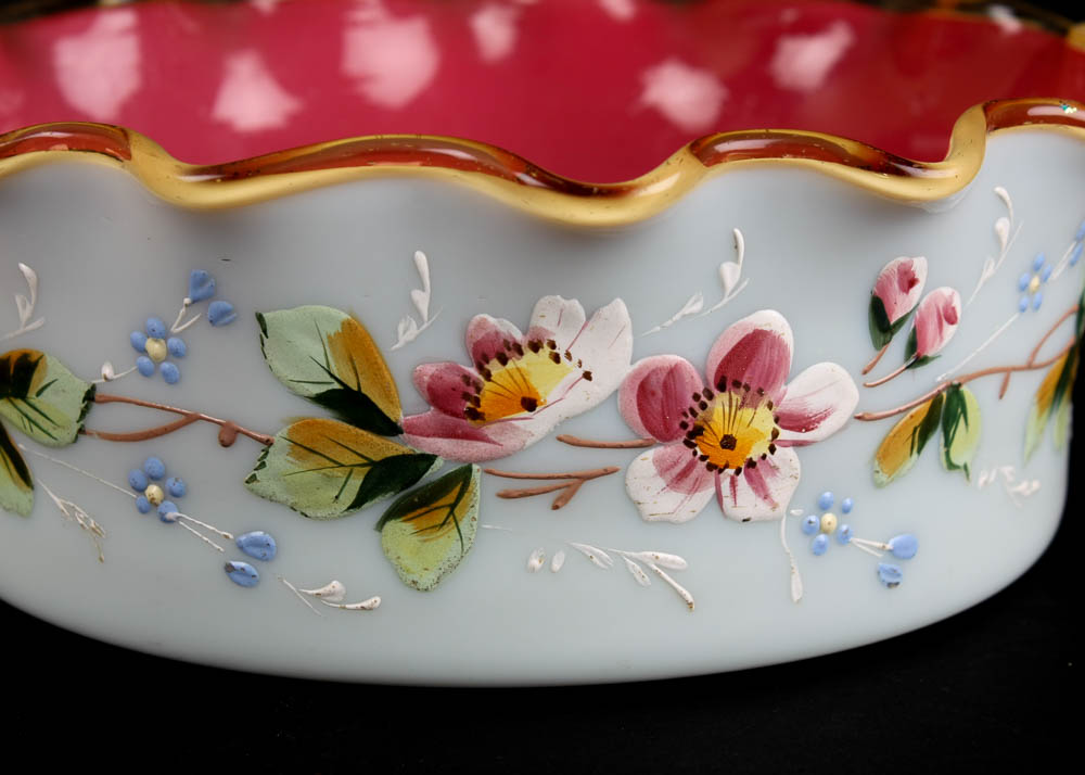 Hand Painted Opaque Milk Glass Dish with Ruffle Edge
