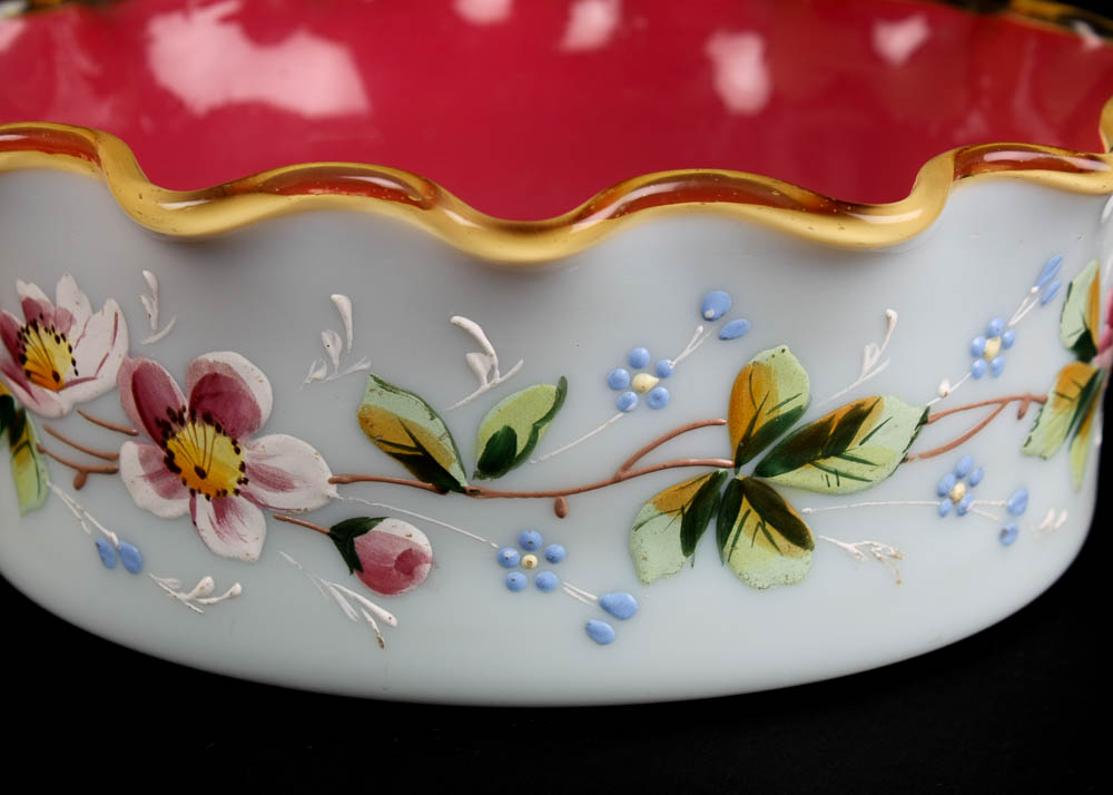 Hand Painted Opaque Milk Glass Dish with Ruffle Edge