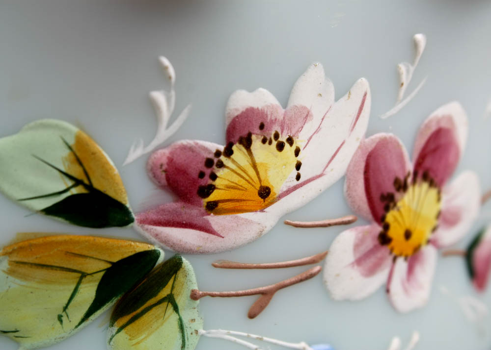 Hand Painted Opaque Milk Glass Dish with Ruffle Edge