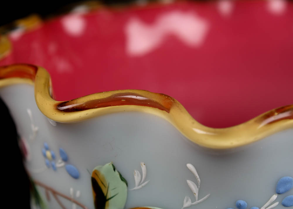 Hand Painted Opaque Milk Glass Dish with Ruffle Edge