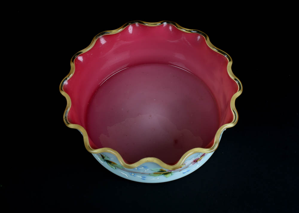 Hand Painted Opaque Milk Glass Dish with Ruffle Edge