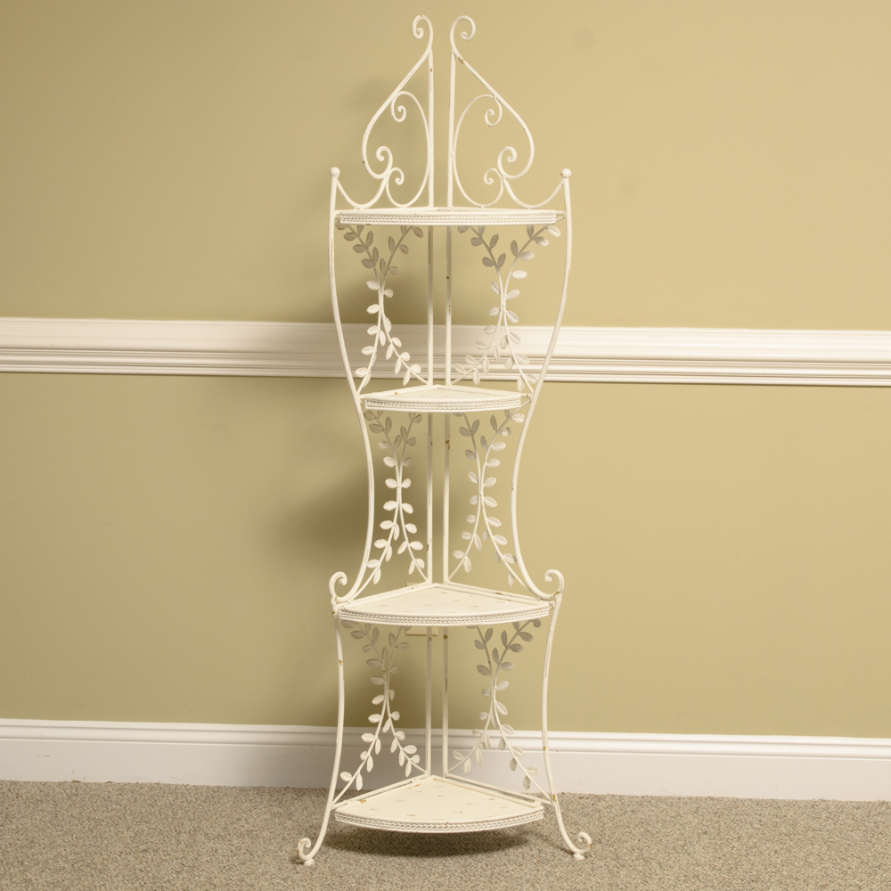 White Metal Four Shelf Plant Rack with Metal Leaf Detailing