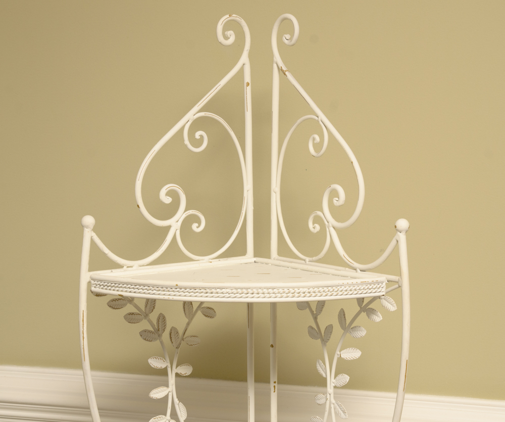 White Metal Four Shelf Plant Rack with Metal Leaf Detailing