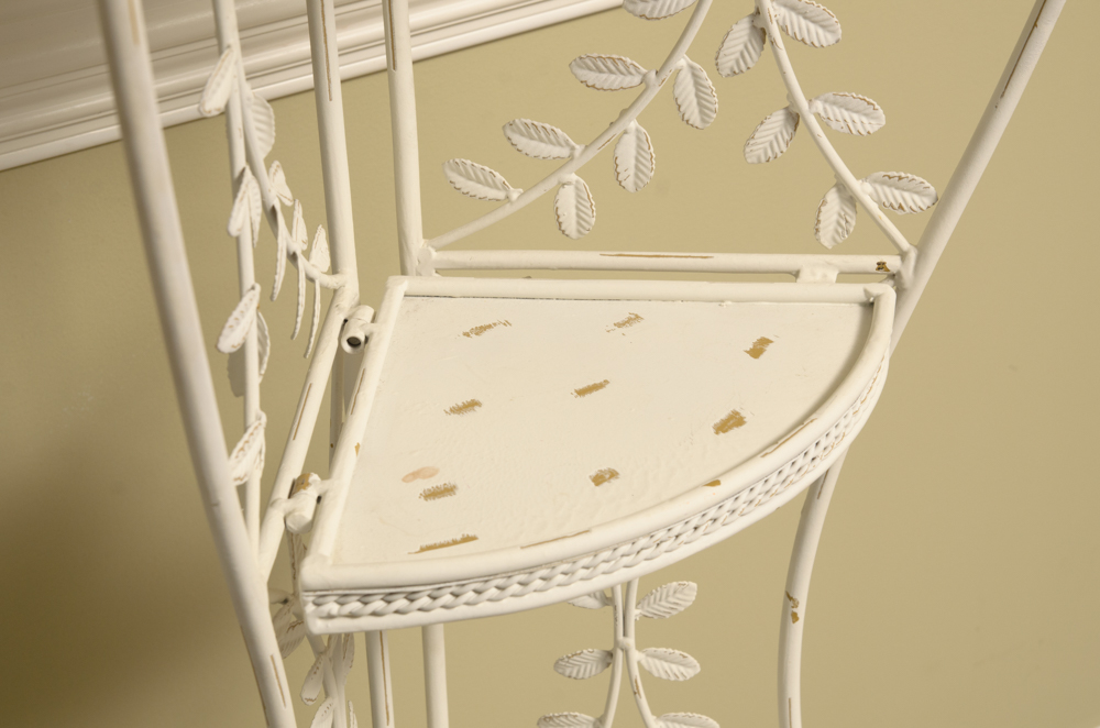 White Metal Four Shelf Plant Rack with Metal Leaf Detailing