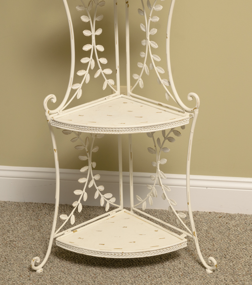 White Metal Four Shelf Plant Rack with Metal Leaf Detailing