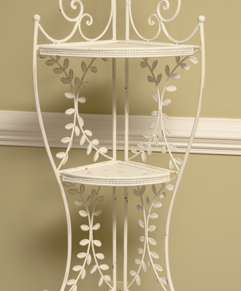 White Metal Four Shelf Plant Rack with Metal Leaf Detailing