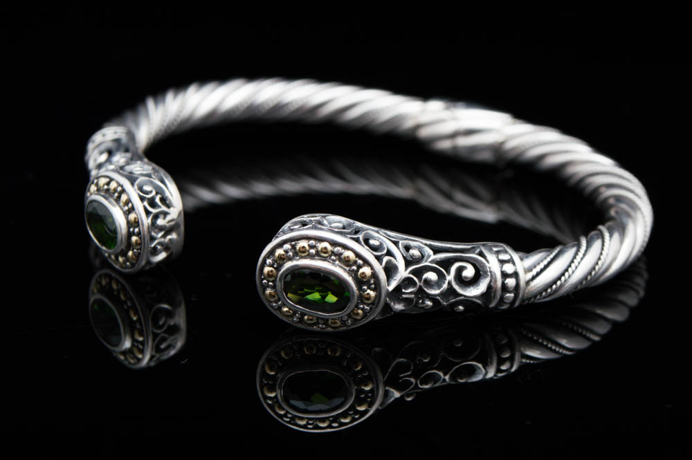 Robert Manse Sterling Silver, 18K Gold and Chome Diopside Bangle Bracelet