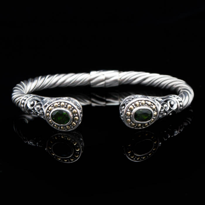 Robert Manse Sterling Silver, 18K Gold and Chome Diopside Bangle Bracelet