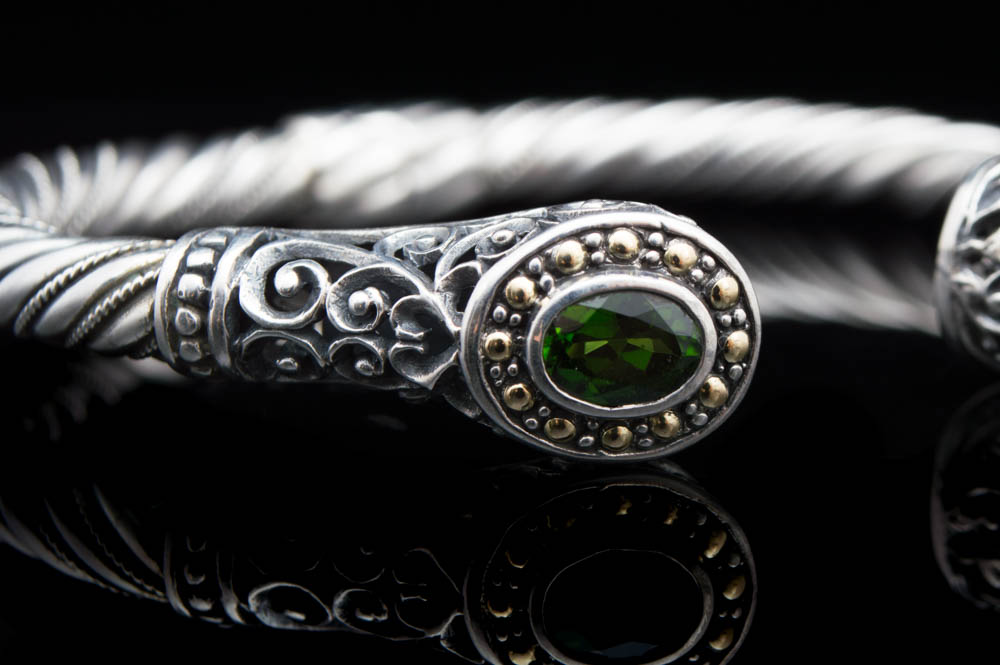 Robert Manse Sterling Silver, 18K Gold and Chome Diopside Bangle Bracelet