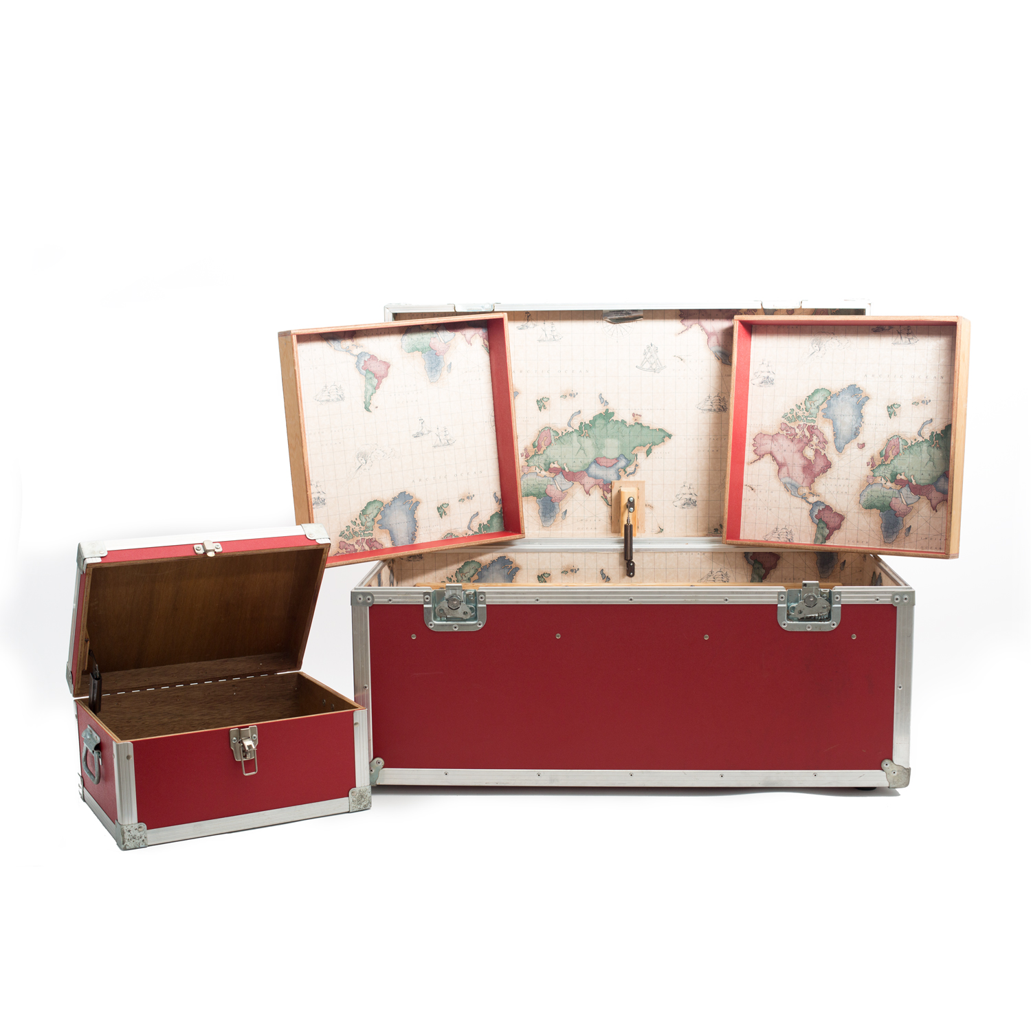 Red Vintage Style Steamer Trunk with Map Printed Interior
