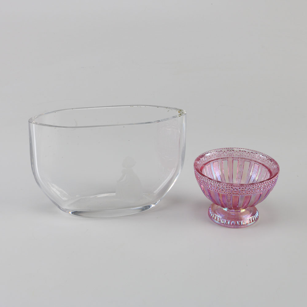 Fenton Pink Bowl and Etched Orrefors Bowl