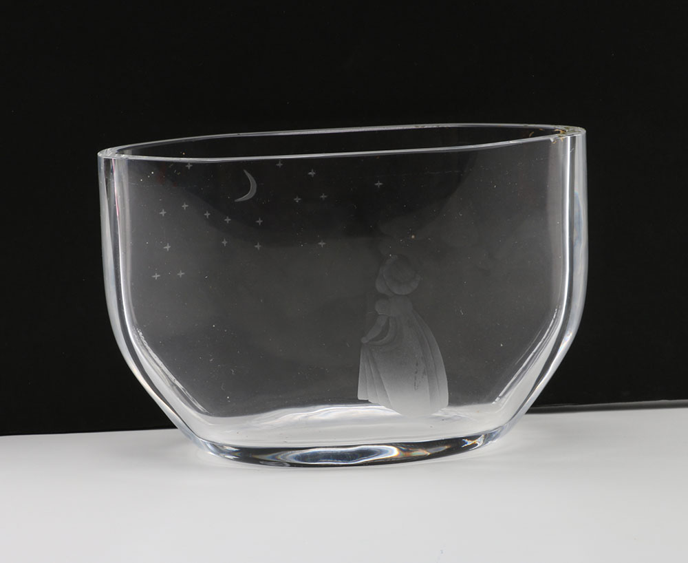 Fenton Pink Bowl and Etched Orrefors Bowl