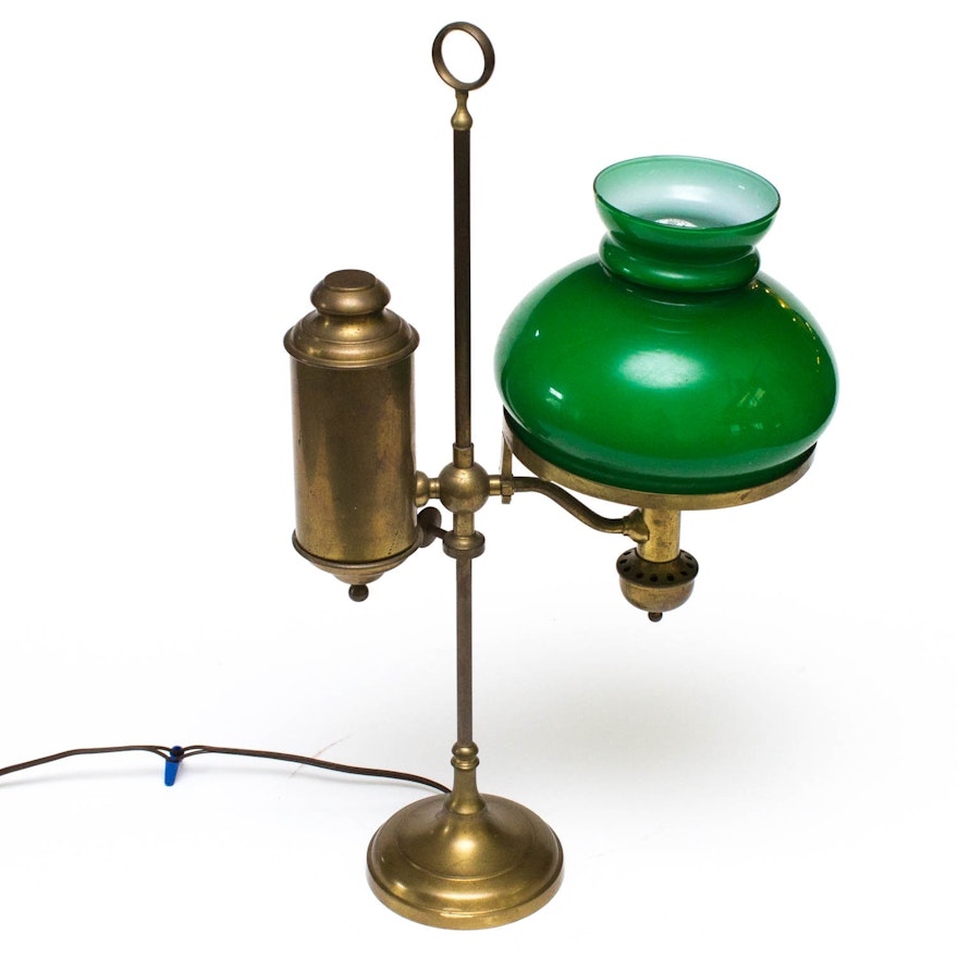 Vintage Brass Desk Lamp with Emerald Glass Shade