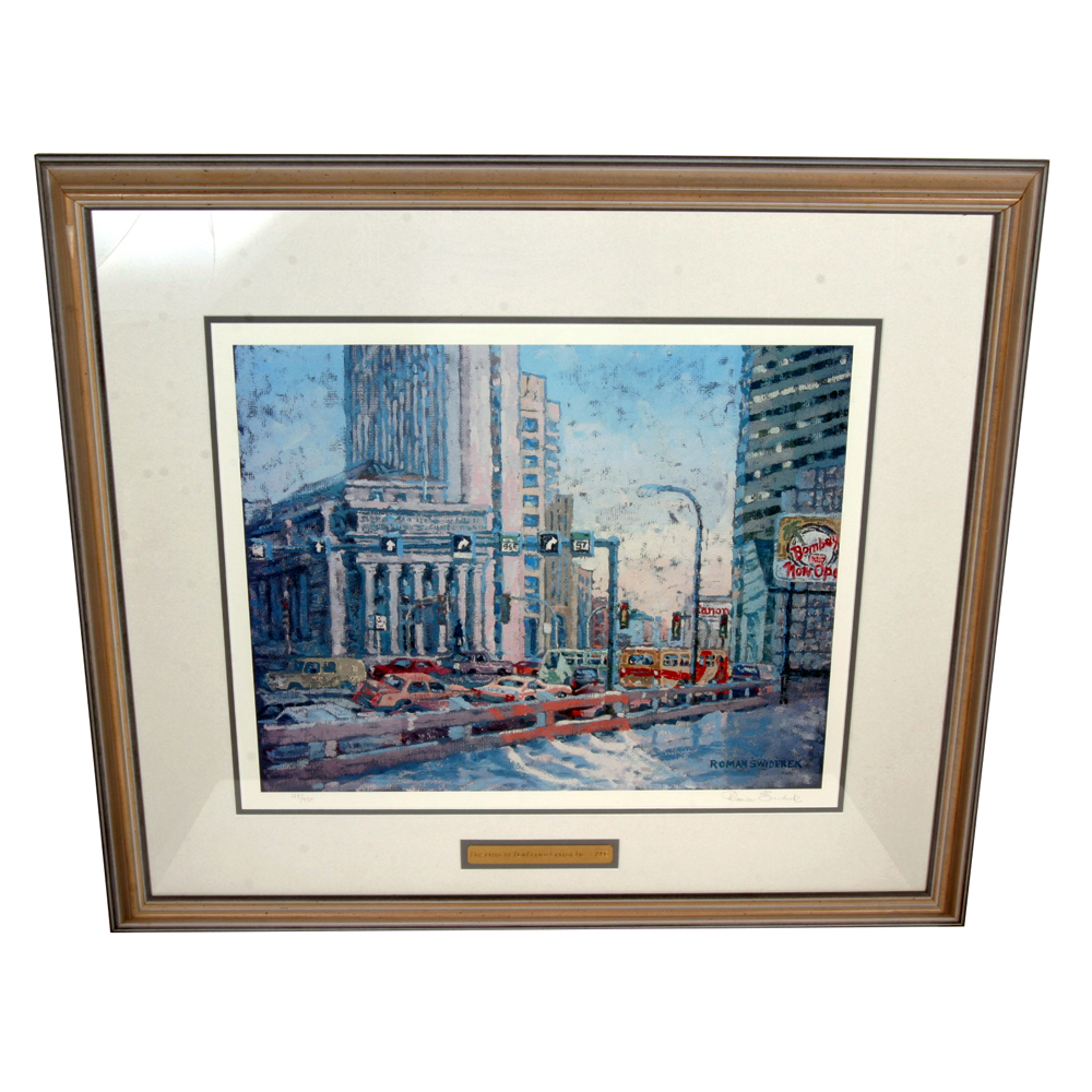 Limited Edition Signed Roman Swiderek Offset Lithograph "5pm at Portage & Main"