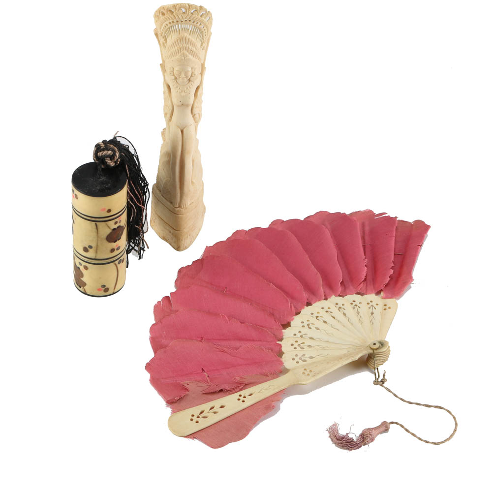 Vintage Bone Figurine, Fan, and Celluloid Make-Up Case