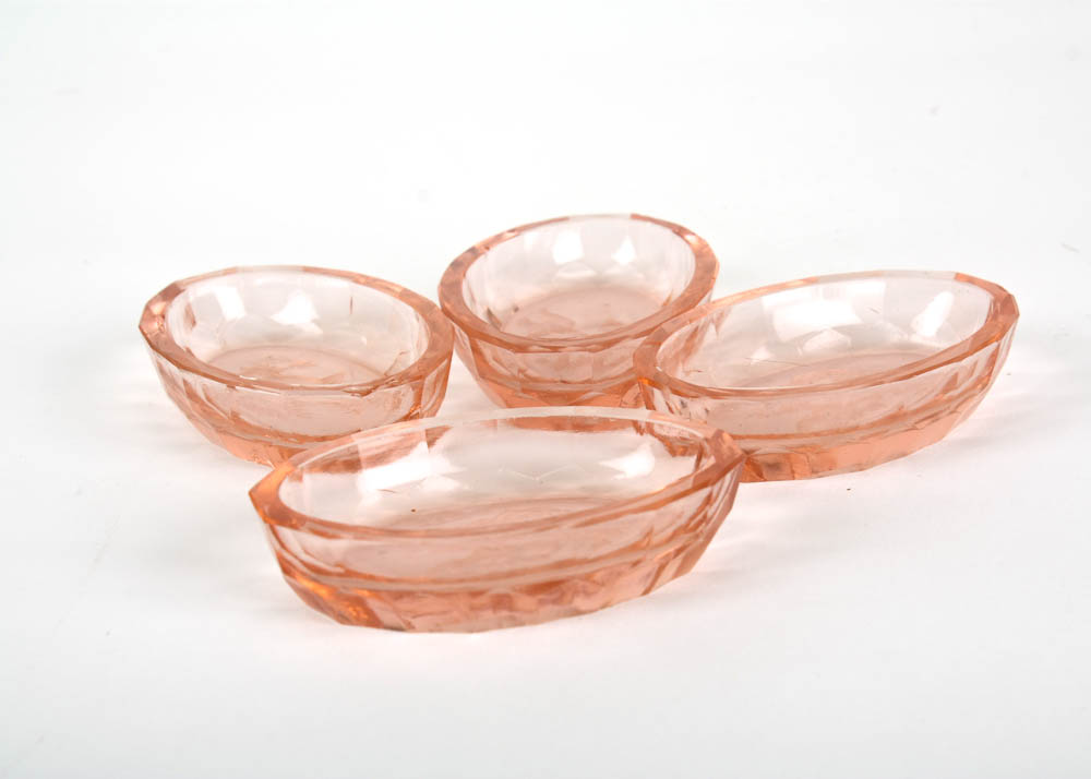 Set of Four Vintage Pink Glass Intaglio Open Salts with Cherubs