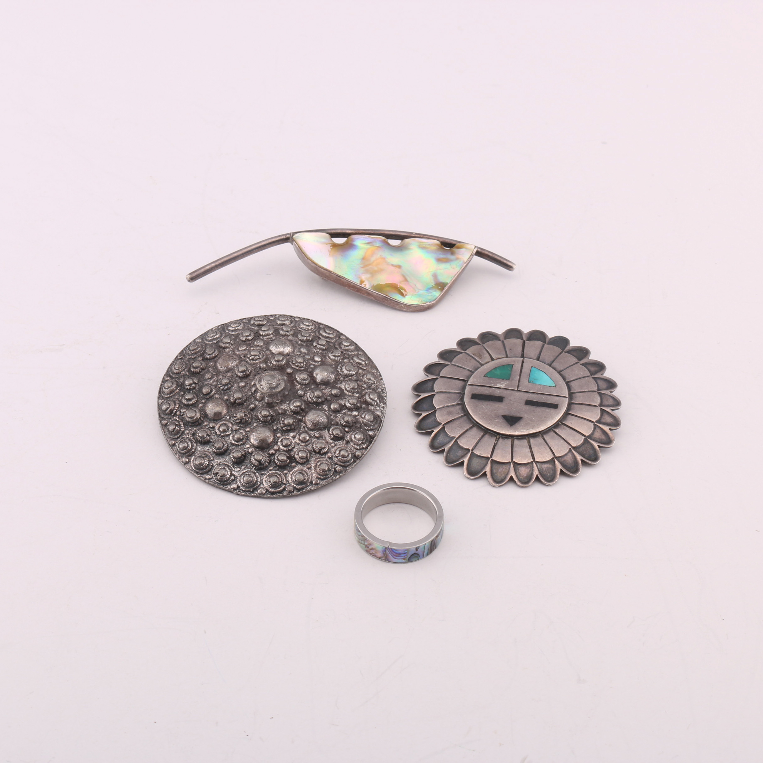 Collection of Abalone and Stone Jewelry with Hopi Sun God "Tawa" and More