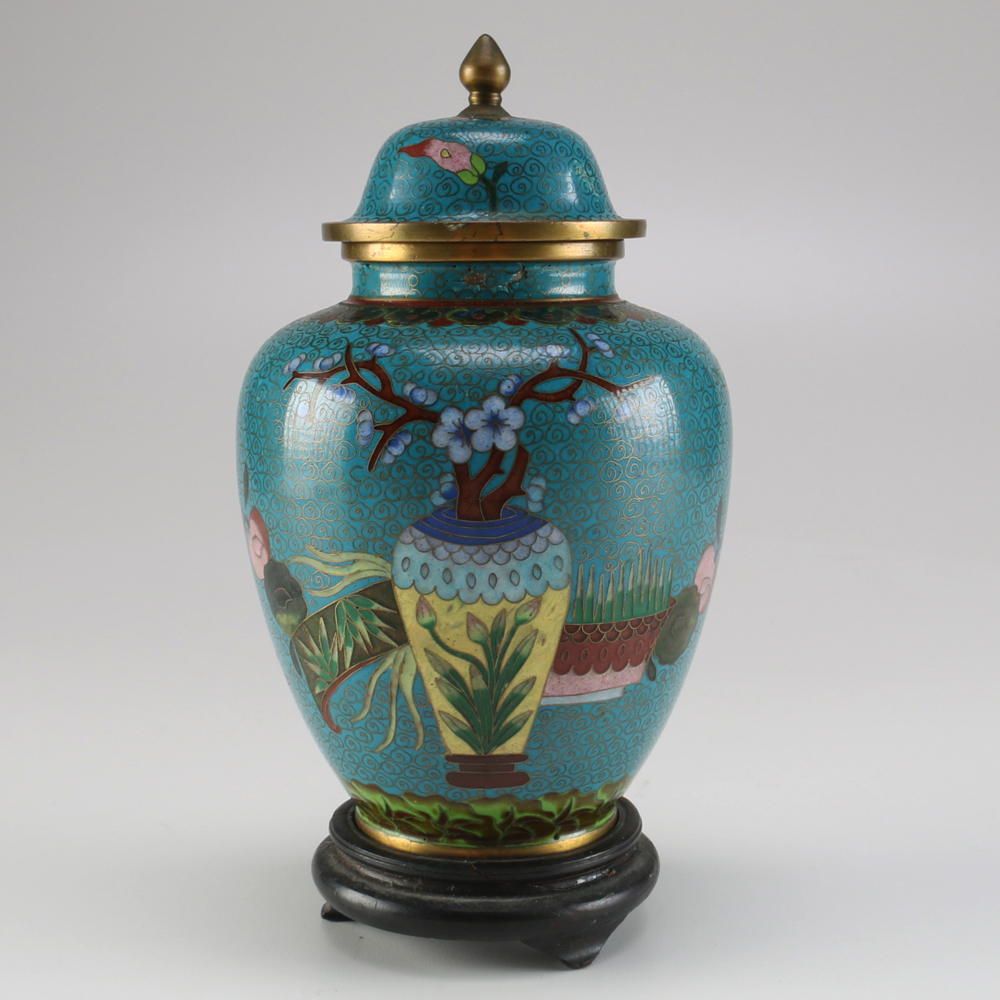 Vintage Chinese Cloisonné Ginger Jar with Wooden Stand