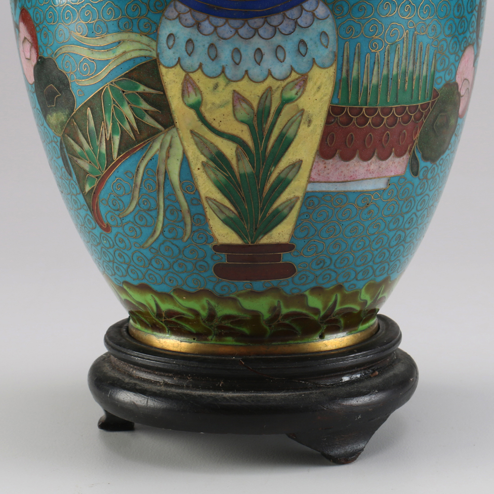 Vintage Chinese Cloisonné Ginger Jar with Wooden Stand