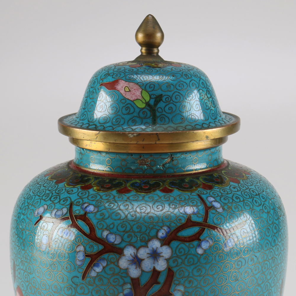 Vintage Chinese Cloisonné Ginger Jar with Wooden Stand