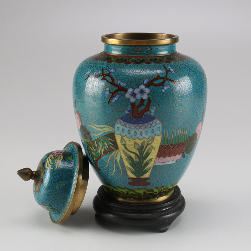 Vintage Chinese Cloisonné Ginger Jar with Wooden Stand