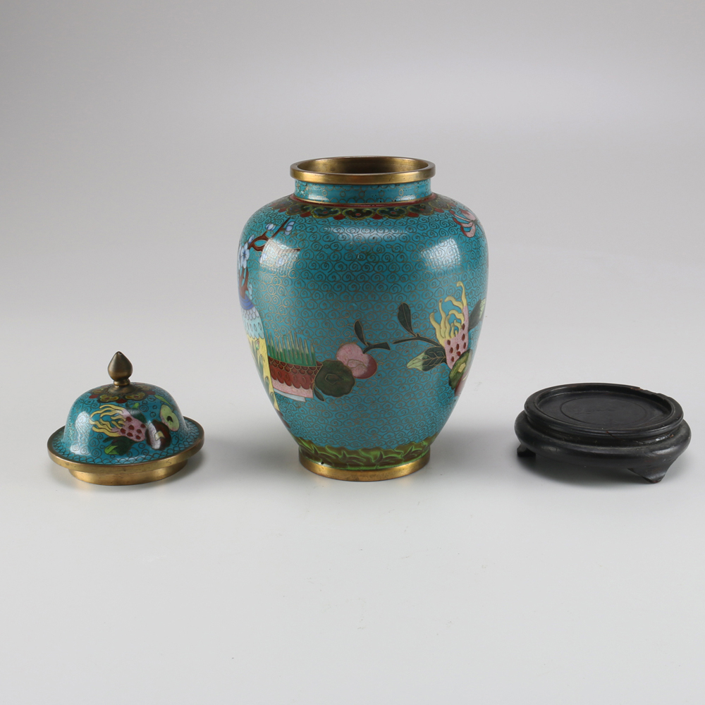 Vintage Chinese Cloisonné Ginger Jar with Wooden Stand