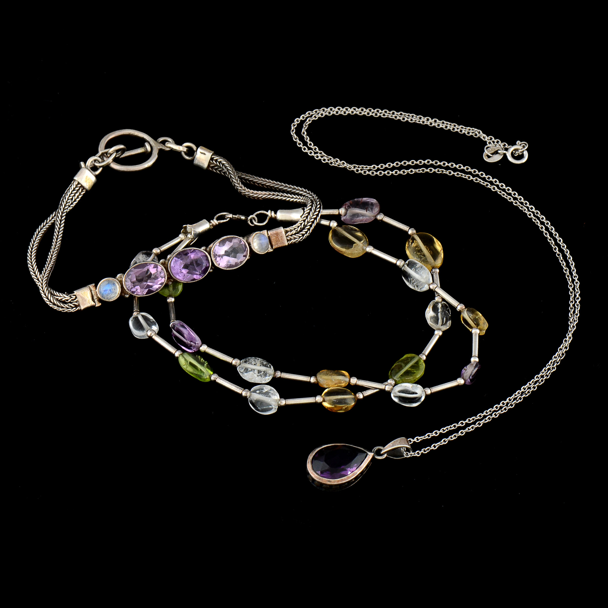 Amethyst Necklace Stamped 925 and Two Bracelets