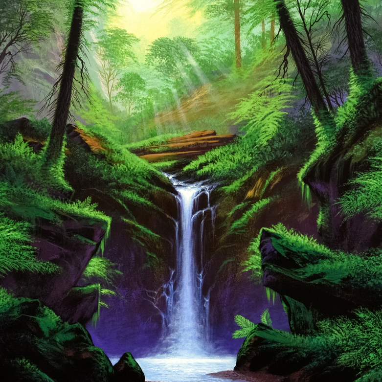 Jon Rattenbury "Woodland Cascade" Signed Giclee on Canvas