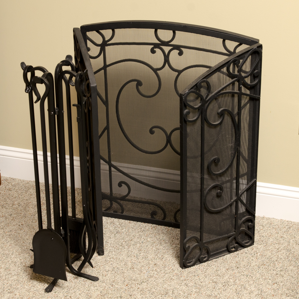 Metal Scroll Fireplace Screen and Tool Set