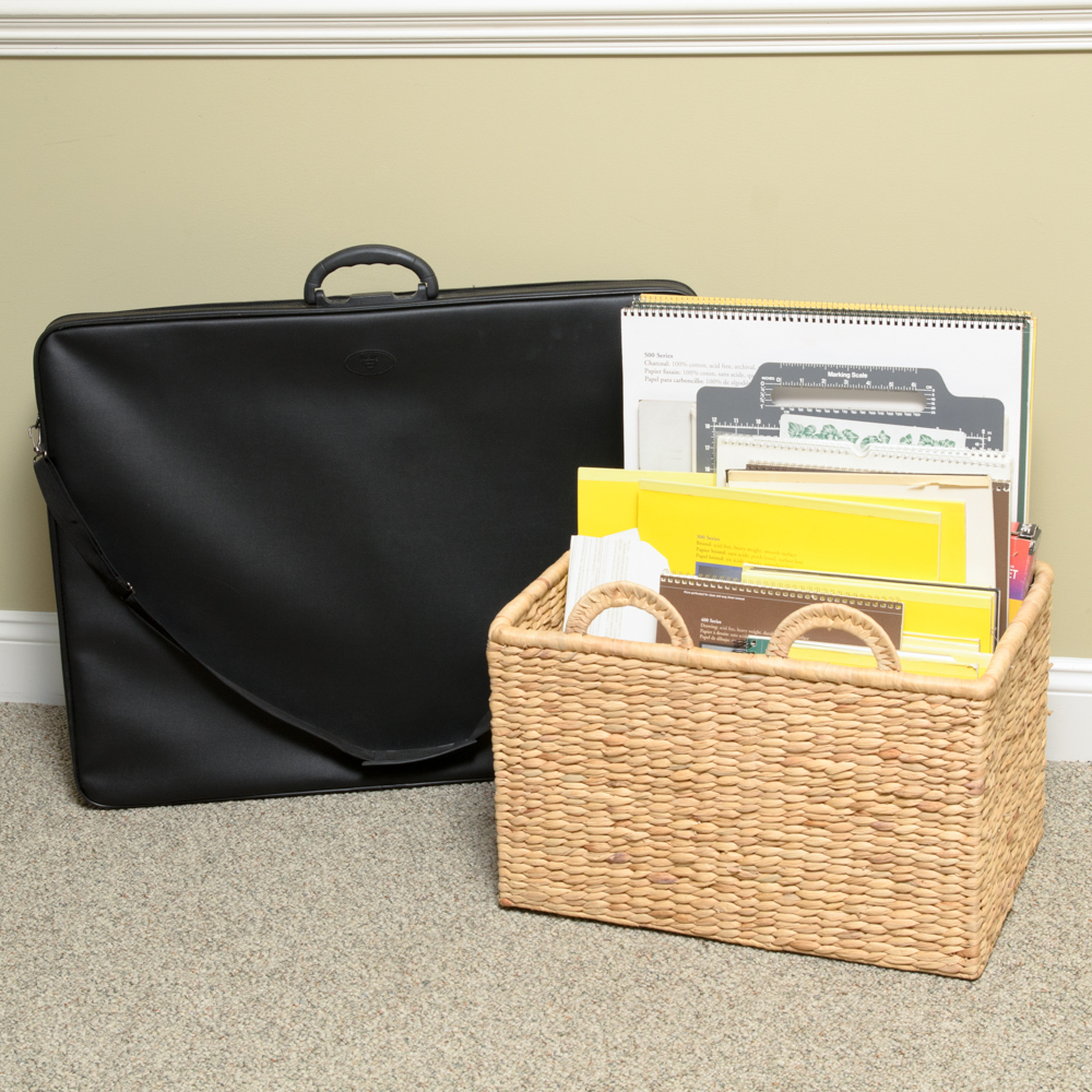 Collection of Art Supplies and Paper