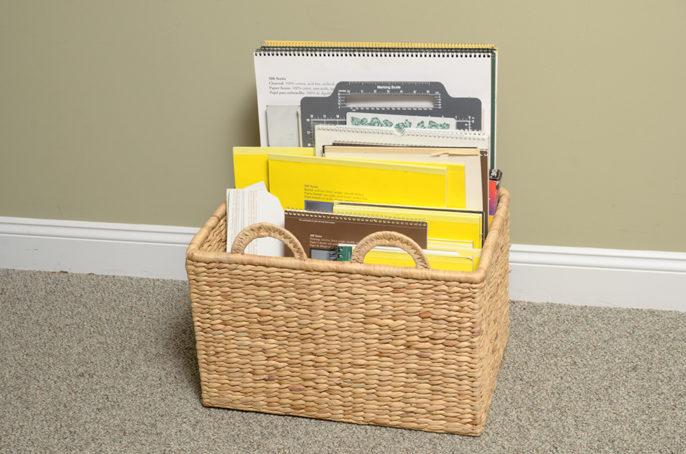 Collection of Art Supplies and Paper