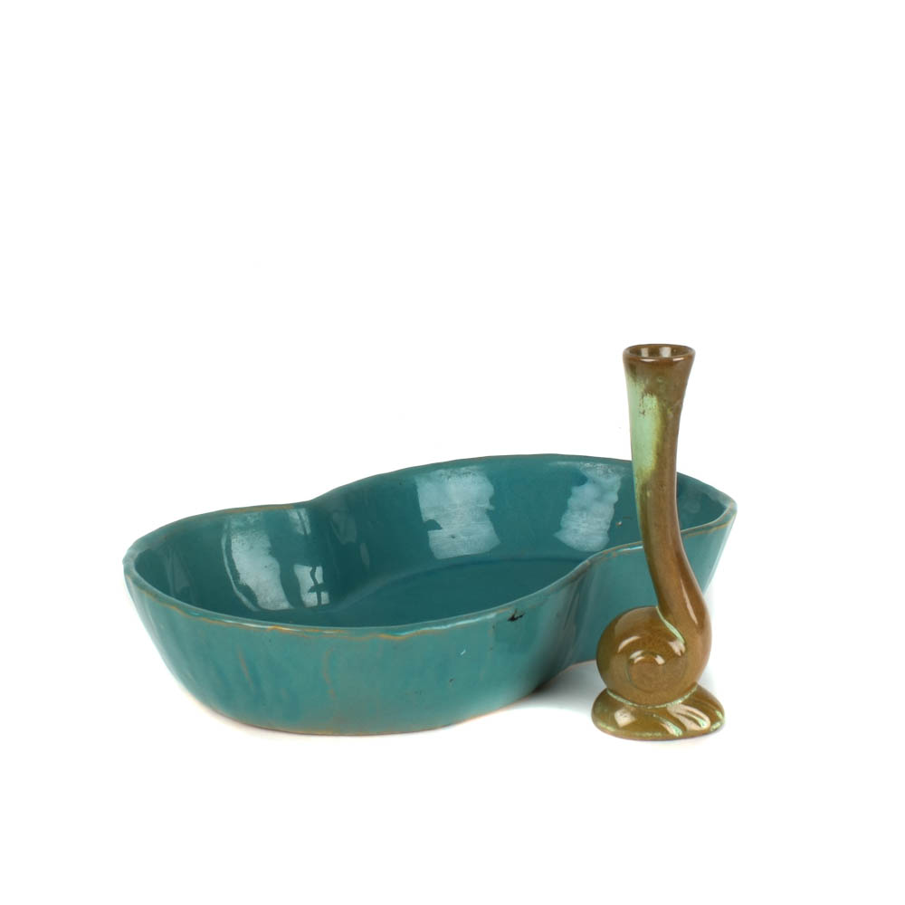 Vintage Frankoma "Peanut" Bowl in Turquoise and "Snail" Bud Vase in Prairie Green