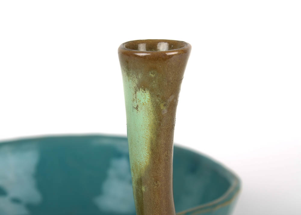 Vintage Frankoma "Peanut" Bowl in Turquoise and "Snail" Bud Vase in Prairie Green
