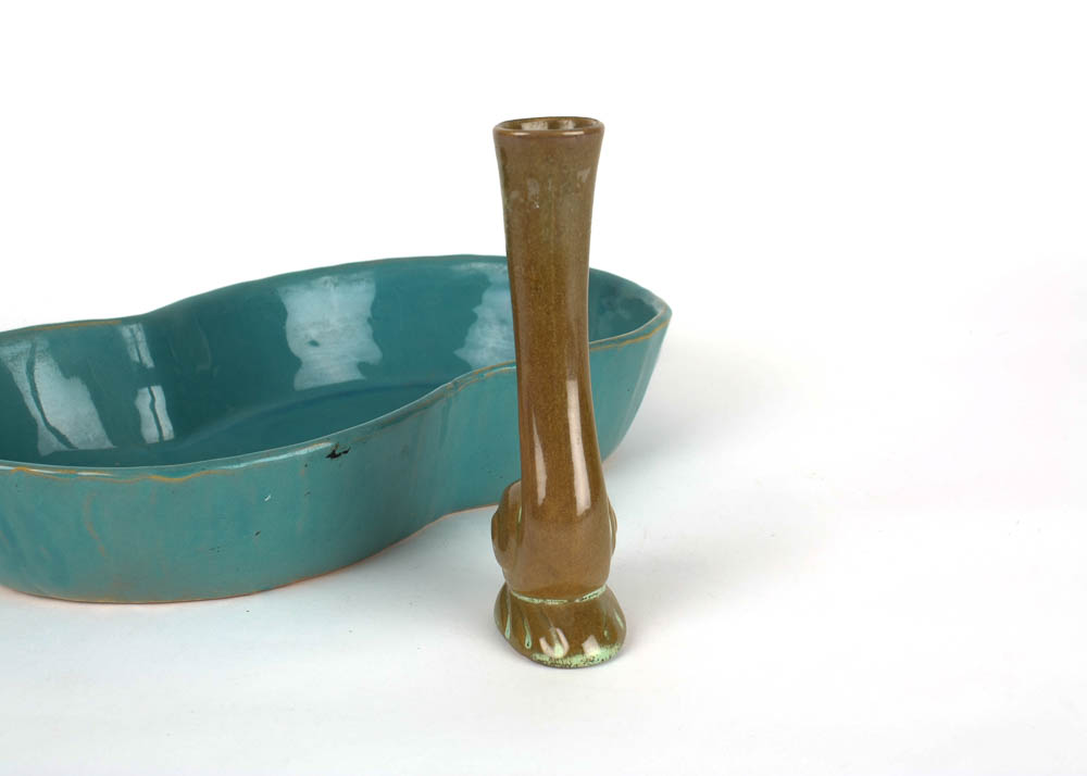 Vintage Frankoma "Peanut" Bowl in Turquoise and "Snail" Bud Vase in Prairie Green