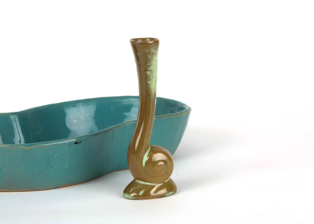 Vintage Frankoma "Peanut" Bowl in Turquoise and "Snail" Bud Vase in Prairie Green