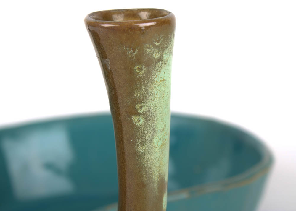 Vintage Frankoma "Peanut" Bowl in Turquoise and "Snail" Bud Vase in Prairie Green