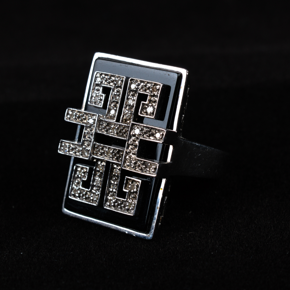Sterling Silver Black Onyx Diamond Ring