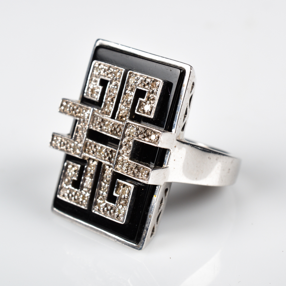 Sterling Silver Black Onyx Diamond Ring