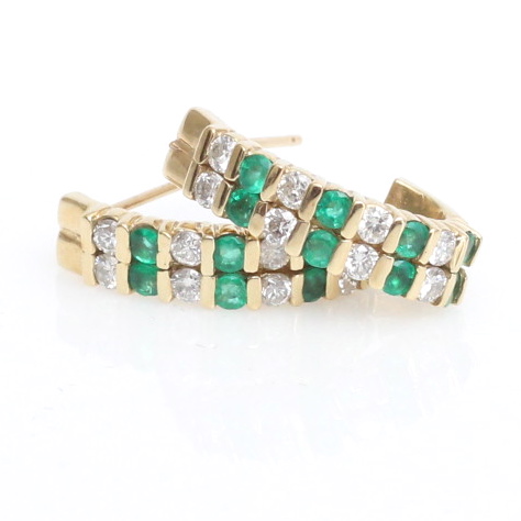 14K Gold, Diamond and Emerald Double Row Hoop Earrings