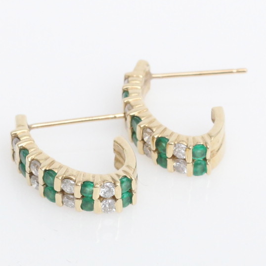 14K Gold, Diamond and Emerald Double Row Hoop Earrings