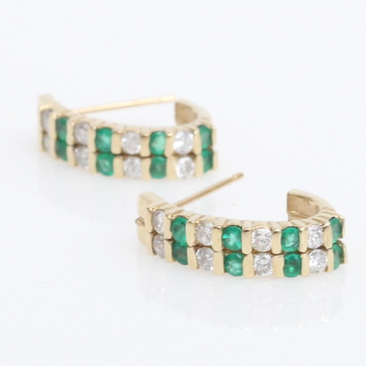 14K Gold, Diamond and Emerald Double Row Hoop Earrings