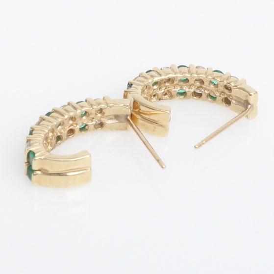 14K Gold, Diamond and Emerald Double Row Hoop Earrings