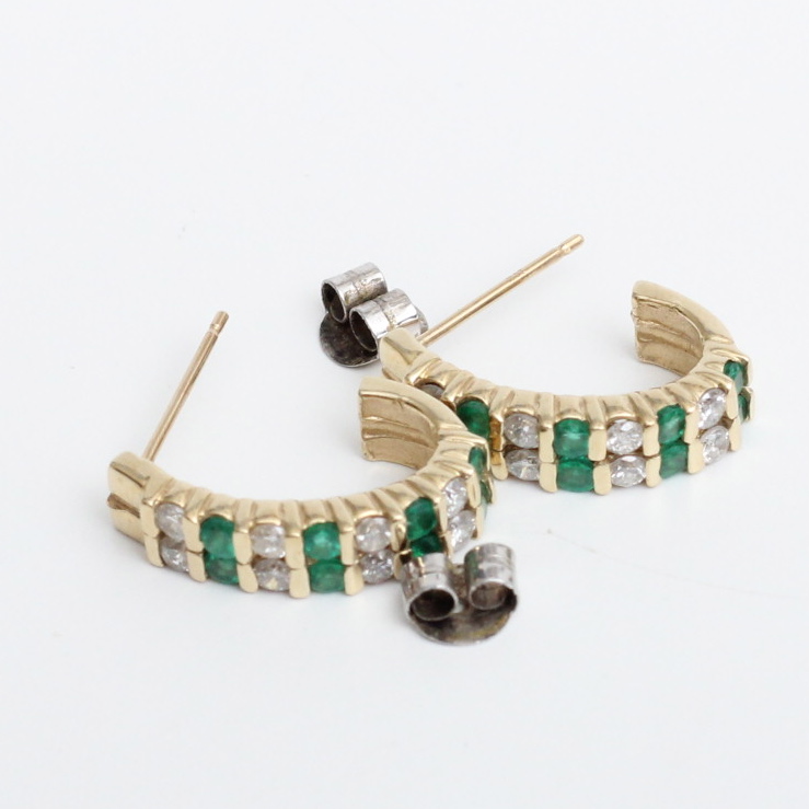 14K Gold, Diamond and Emerald Double Row Hoop Earrings